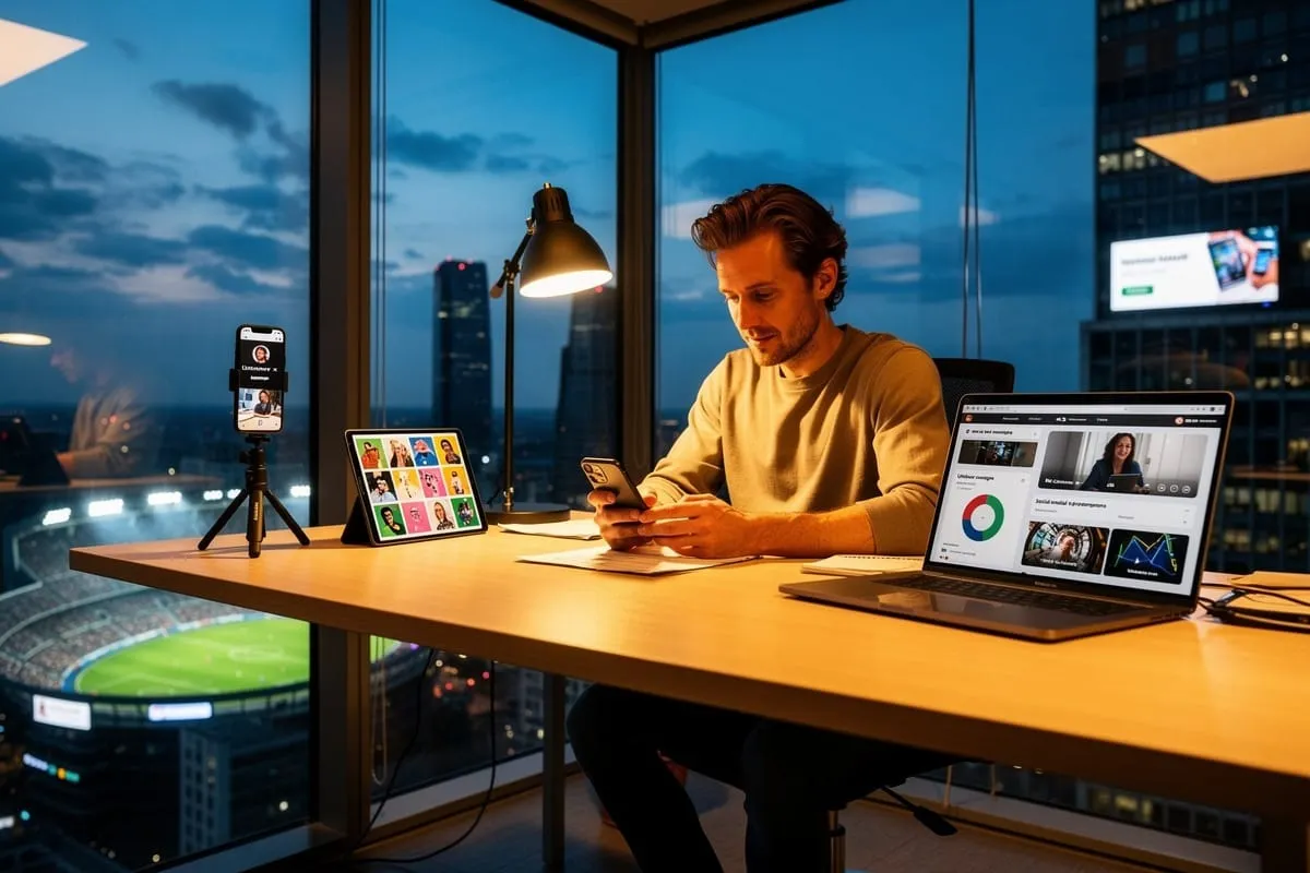 Man in geel shirt werkt aan bureau met laptop, tablet, telefoon en videoconferentie-opstelling bij avond