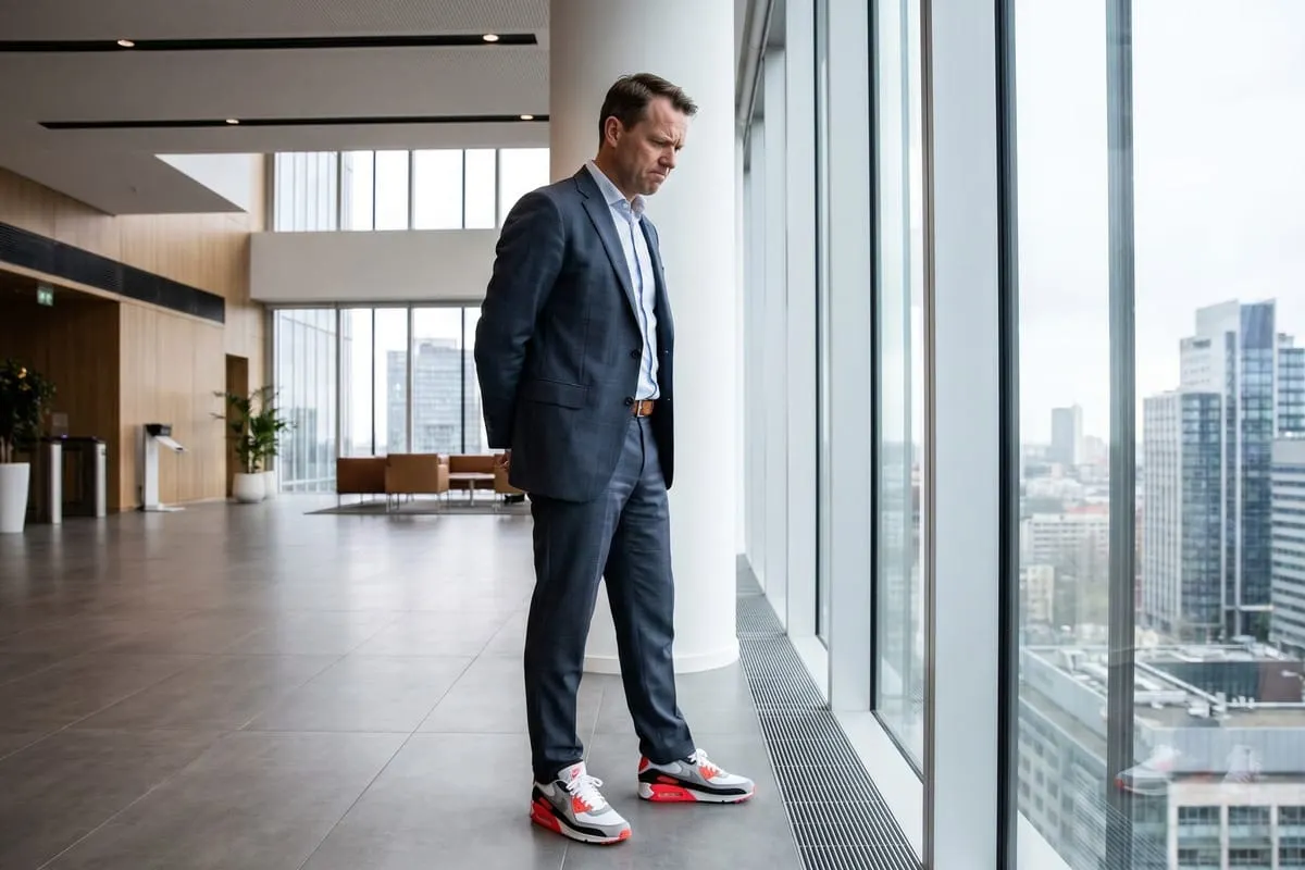 Man in donkerblauw pak met opvallende rode sneakers staat bij raam in modern kantoorgebouw