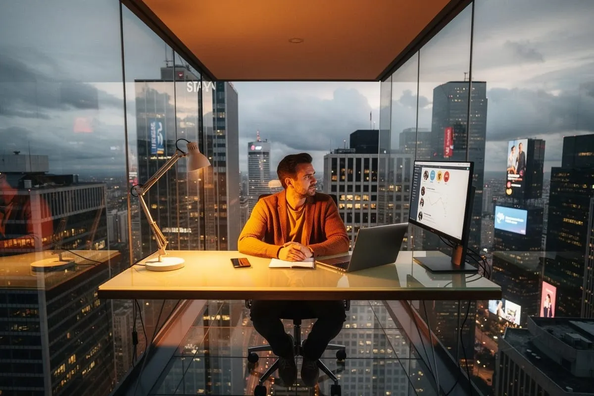 Man in oranje trui werkt aan bureau met laptop en beeldscherm, hoog kantoor met glazen wanden en stadsgezicht