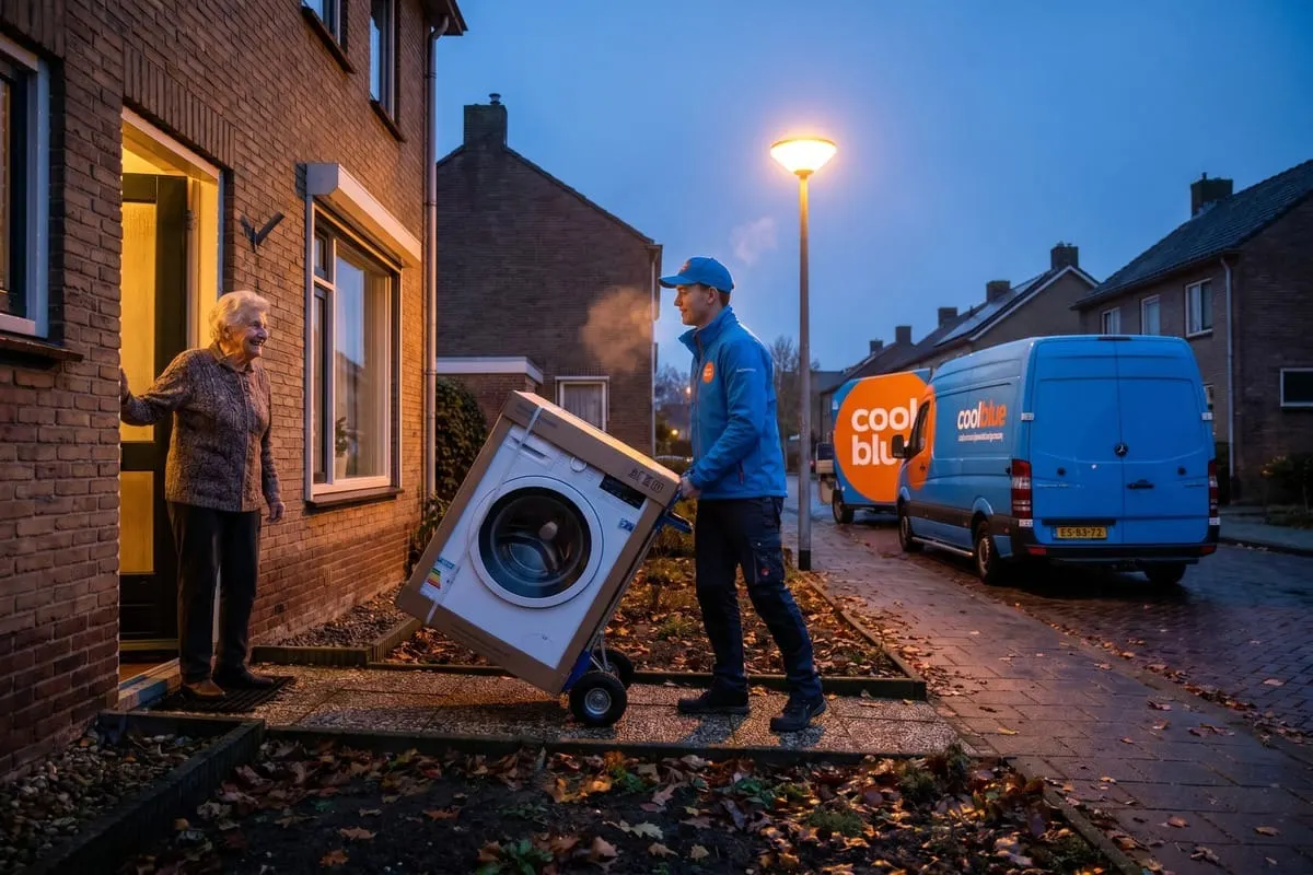 Coolblue-bezorger met blauwe uniforms levert wasmachine bij oudere vrouw aan huis, bedrijfsbusje op achtergrond, schemering