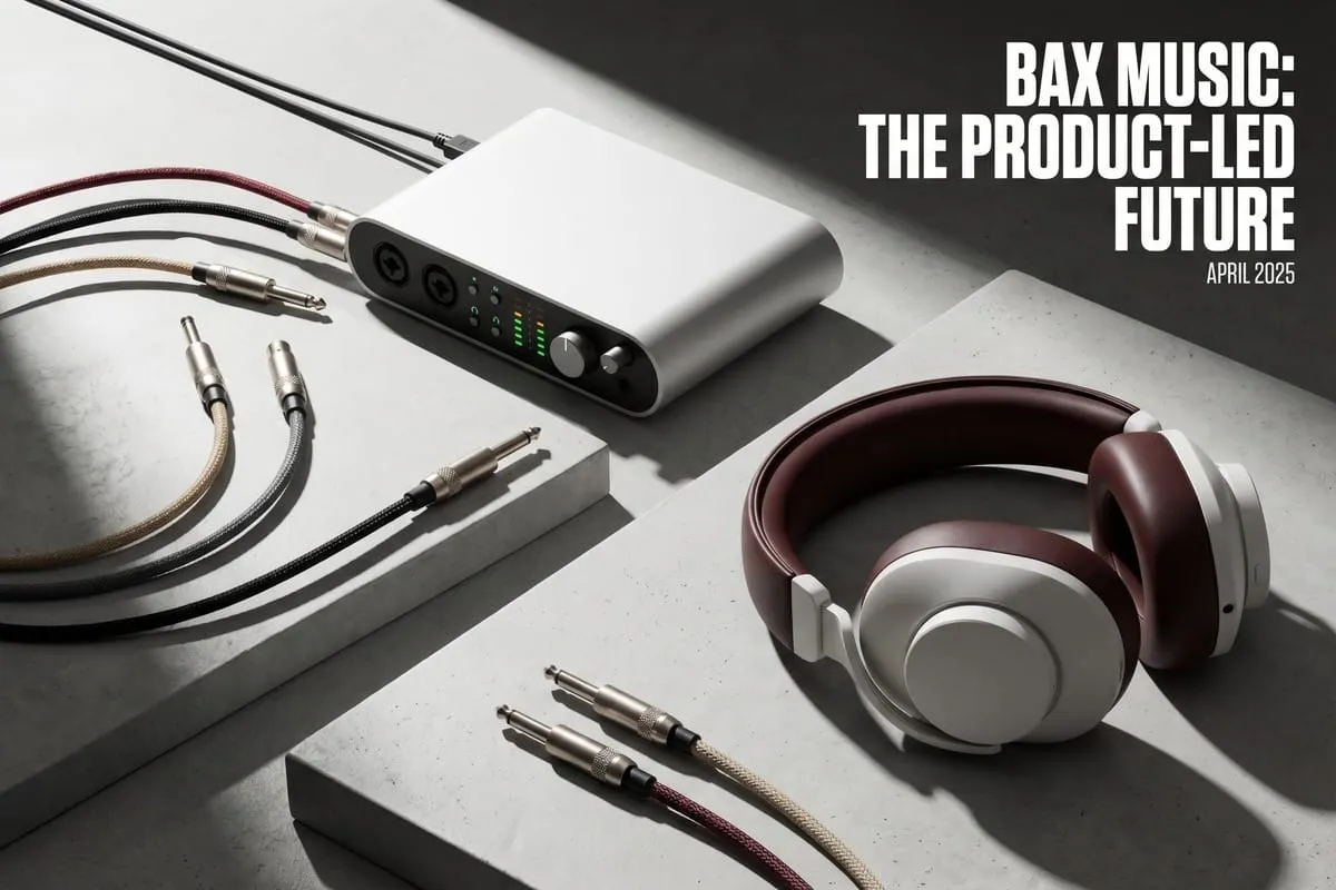 Audio-interface in zilver met kabels, koptelefoon en adapters op betonnen ondergrond, diagonaal licht