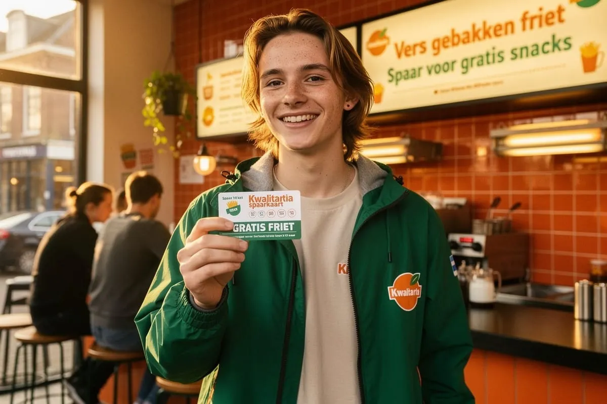 Jongeman in groen Kwalitaria-jack toont spaarkaart voor gratis friet in snackbar met oranje tegels