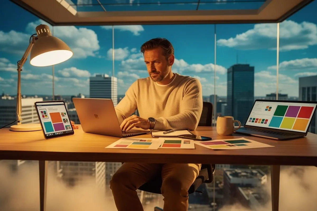 Man in beige trui werkt aan laptop op houten bureau met tablets, kleurenstalen en uitzicht op stadshorizon