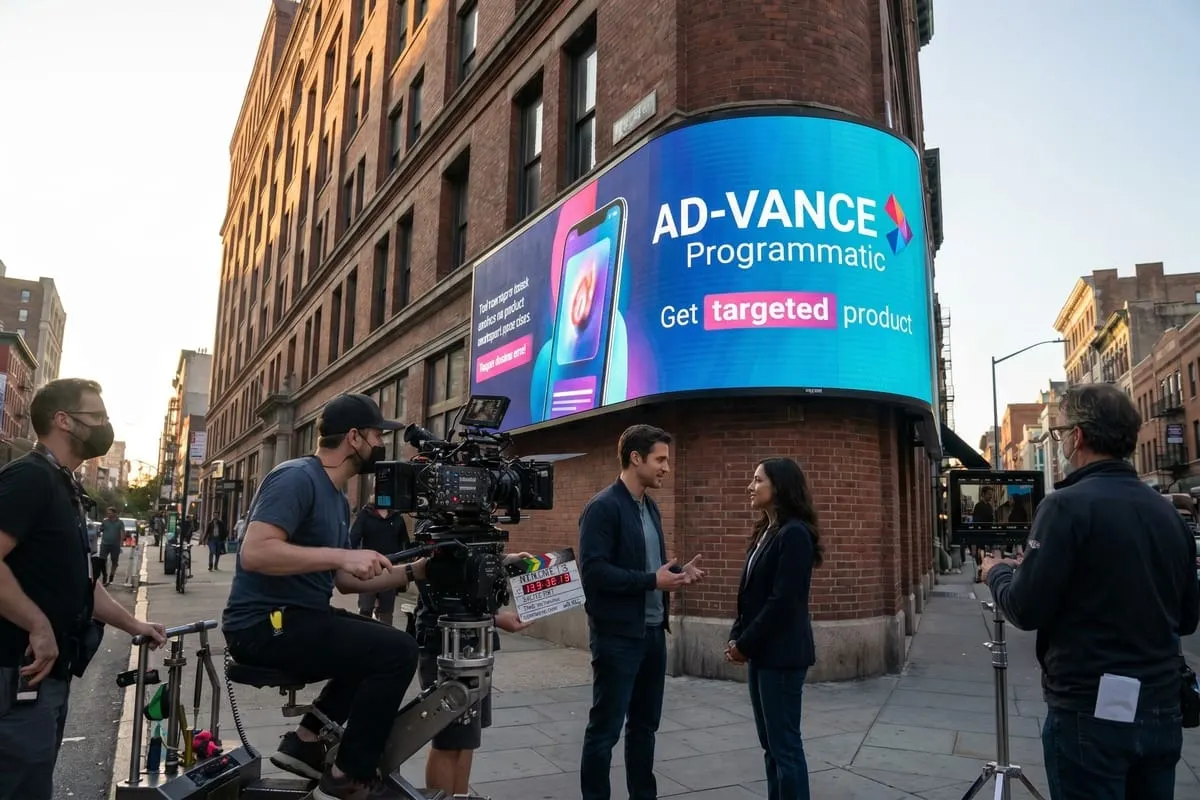 Filmcrew filmt twee acteurs op straat onder een digitaal billboard met advertentieboodschap 'AD-VANCE Programmatic'