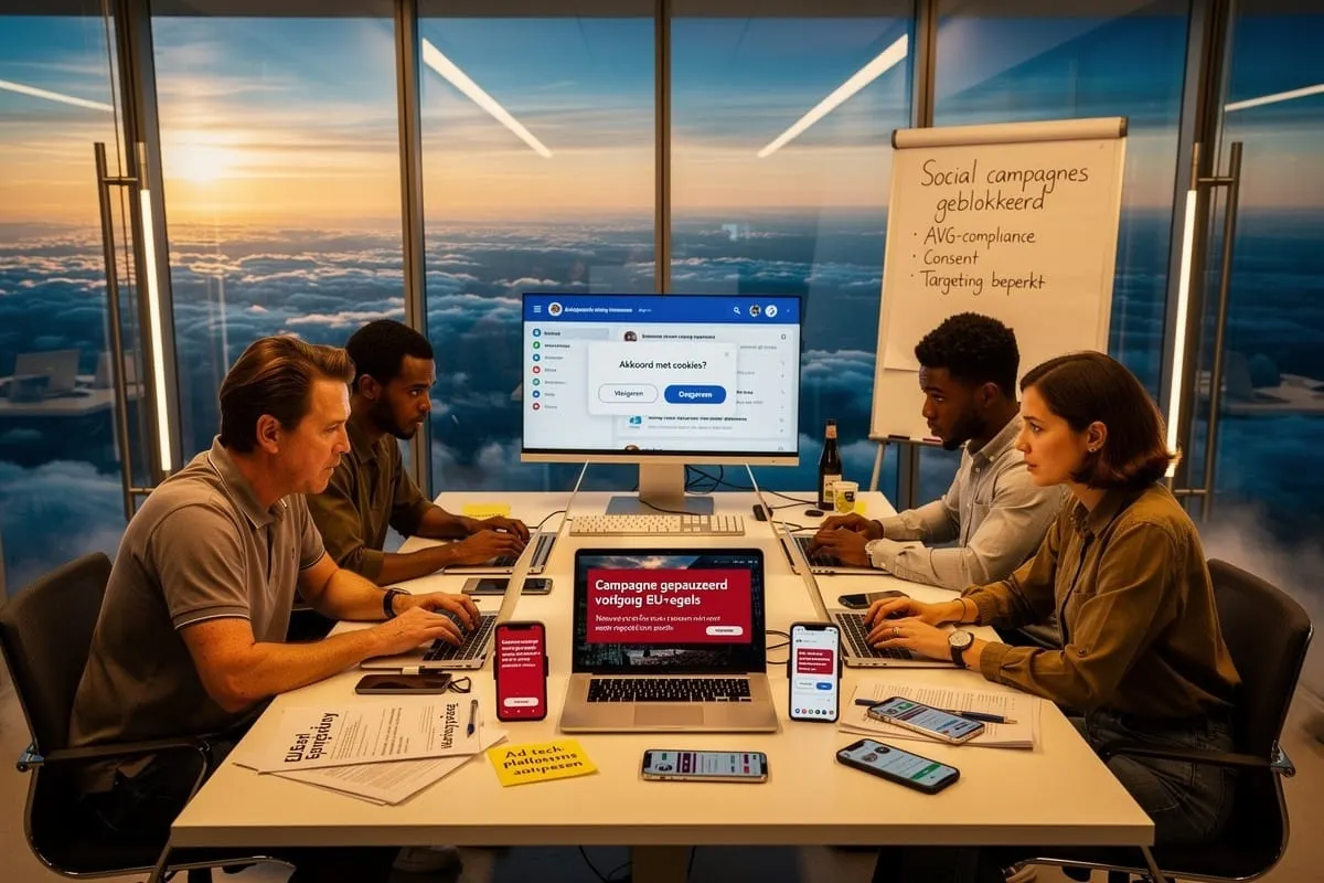 Vier personen aan vergadertafel met laptops en smartphones, scherm toont cookie-melding, flipchart vermeldt geblokkeerde campagnes