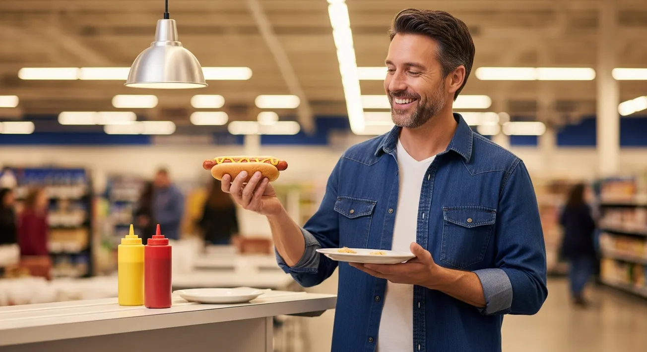 Man geniet tevreden van een hotdog bij de kantine van een grote winkel