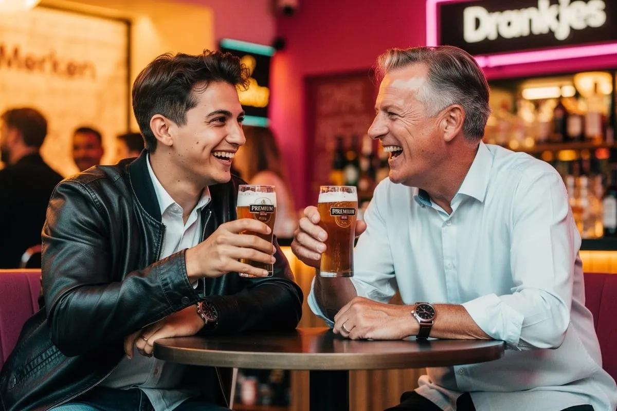 Twee mannen proosten met bierglazen aan een tafeltje in een levendig verlichte bar of restaurant.