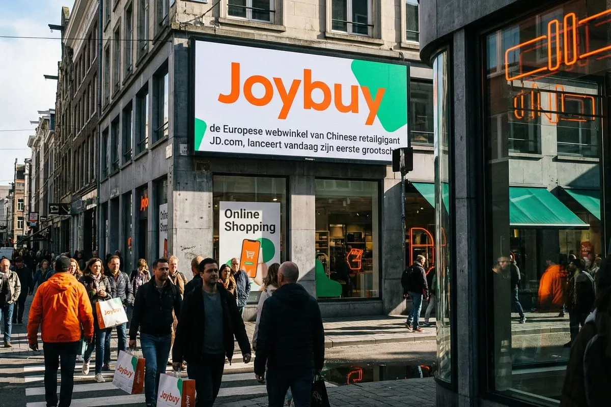 Drukke straat met voetgangers voor Joybuy winkel met oranje logo en 'Online Shopping' poster in etalage