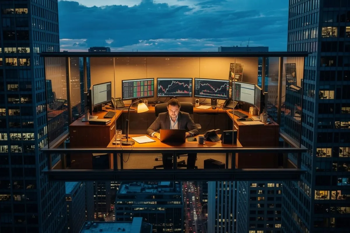 Man in pak werkt 's avonds achter laptop op kantoor met meerdere beursgrafieken op schermen