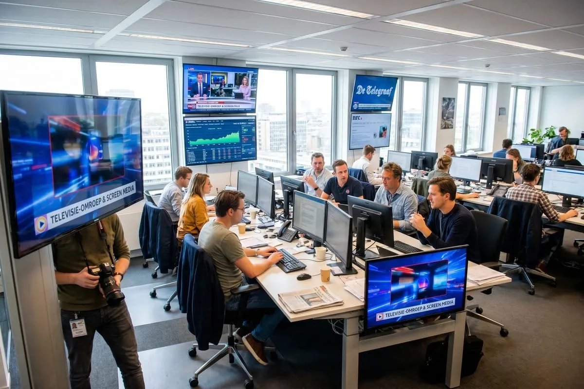 Drukke nieuwsredactie met medewerkers achter computerschermen, grote tv-schermen aan de muur, lichte moderne kantoorruimte