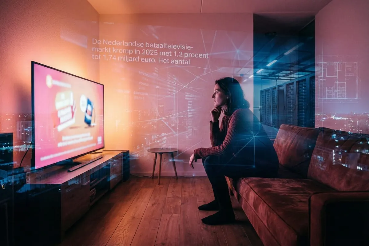 Vrouw kijkt naar televisie in moderne woonkamer met dataprojacties over Nederlandse tv-markt op de muur
