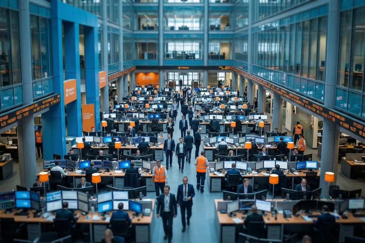 Overzicht van grote trading floor met honderden werkplekken, meerdere verdiepingen, blauwe architectuur en oranje accenten
