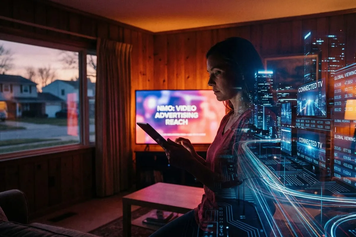 Persoon met tablet in woonkamer met tv en digitale overlay van stadsgezicht met data en grafieken