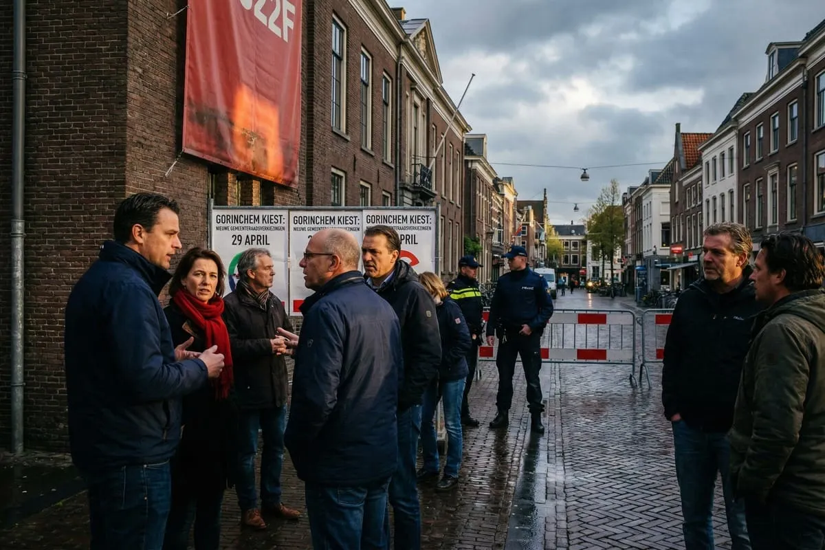 Groep mensen in gesprek op nat plein, politie en afzettingen op achtergrond, verkiezingsborden zichtbaar