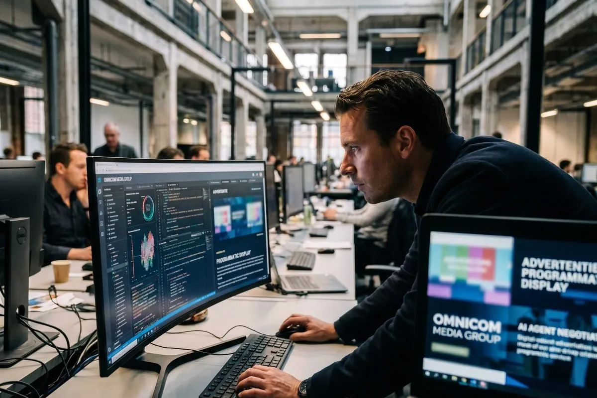 Man in donker shirt werkt geconcentreerd aan monitor met datavisualisaties en code in modern kantoor