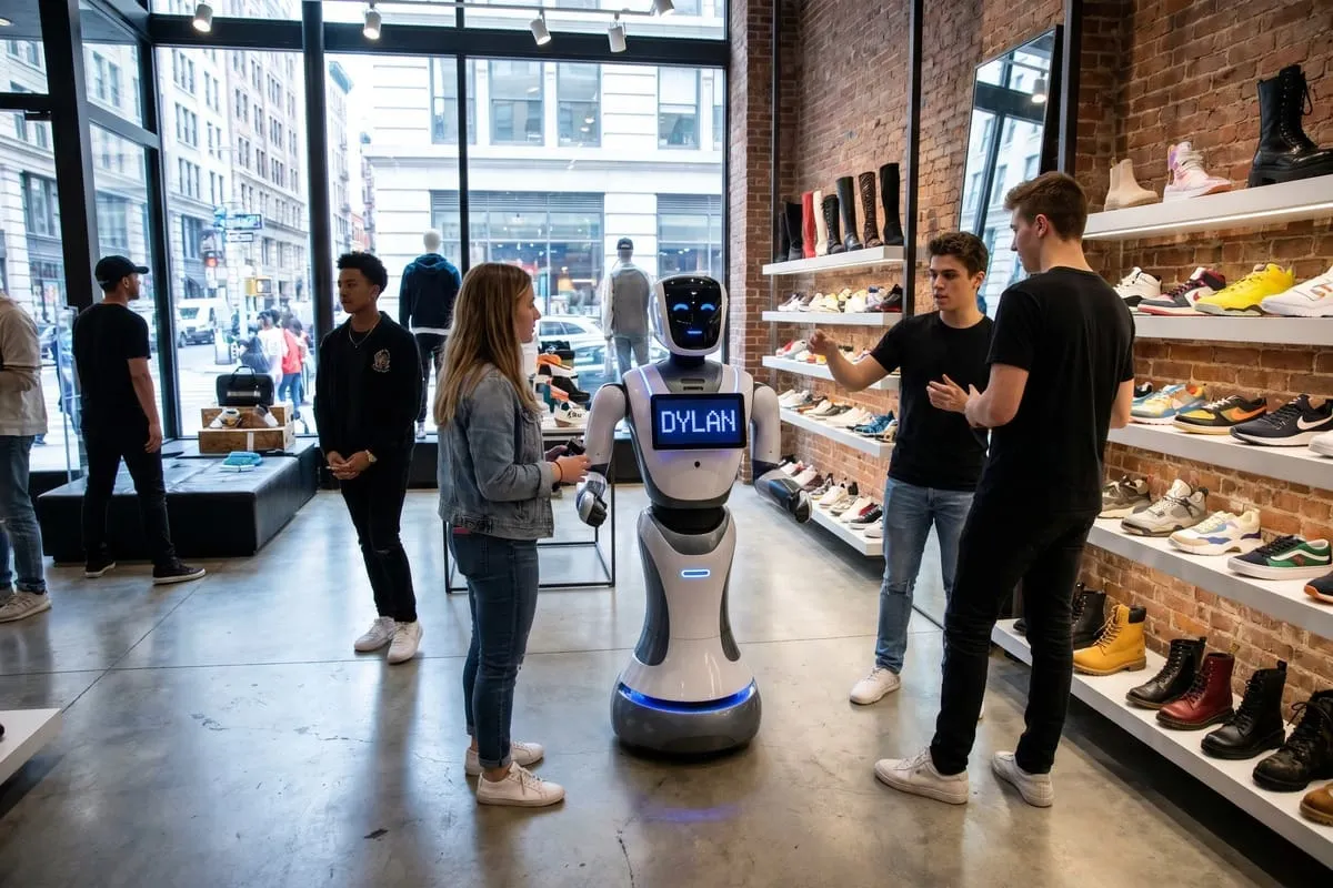Robot met gezichtsscherm toont naam 'DYLAN' in moderne schoenenwinkel met bakstenen muren en klanten