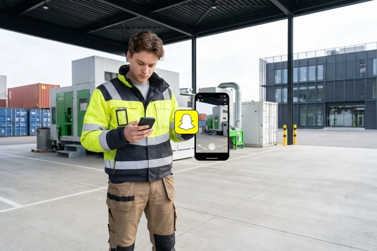 Jongeman in geel-zwart veiligheidsvest bekijkt smartphone op industrieterrein met containers en Snapchat-logo overlay