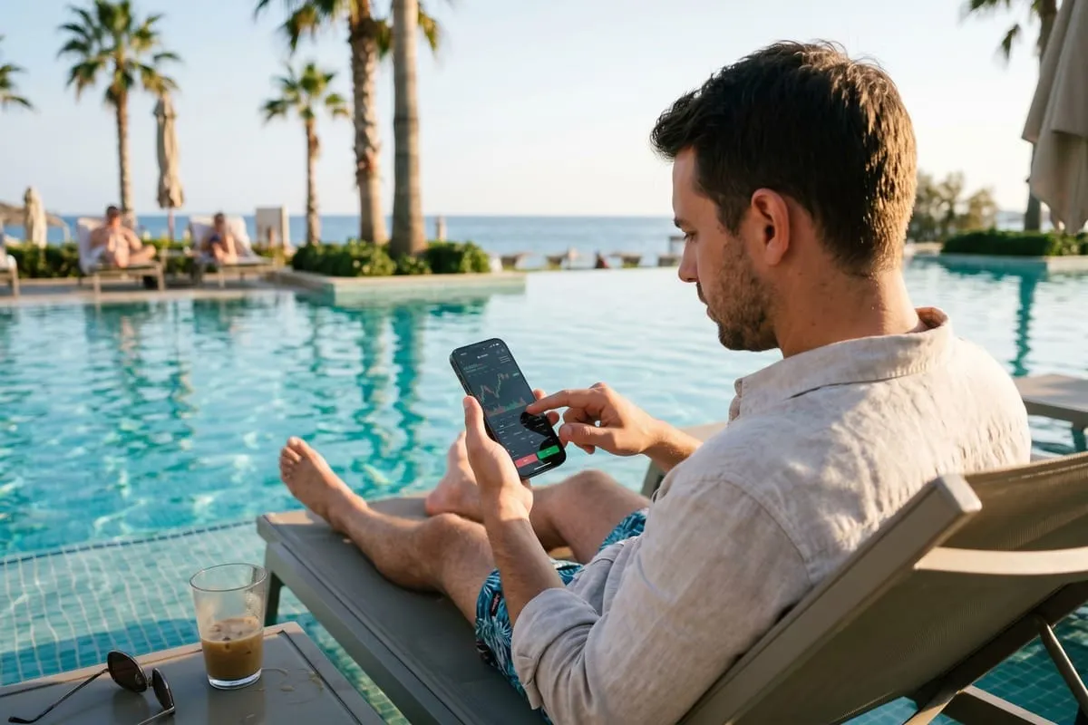 Man in wit overhemd bekijkt grafiek op smartphone terwijl hij op ligstoel bij zwembad zit