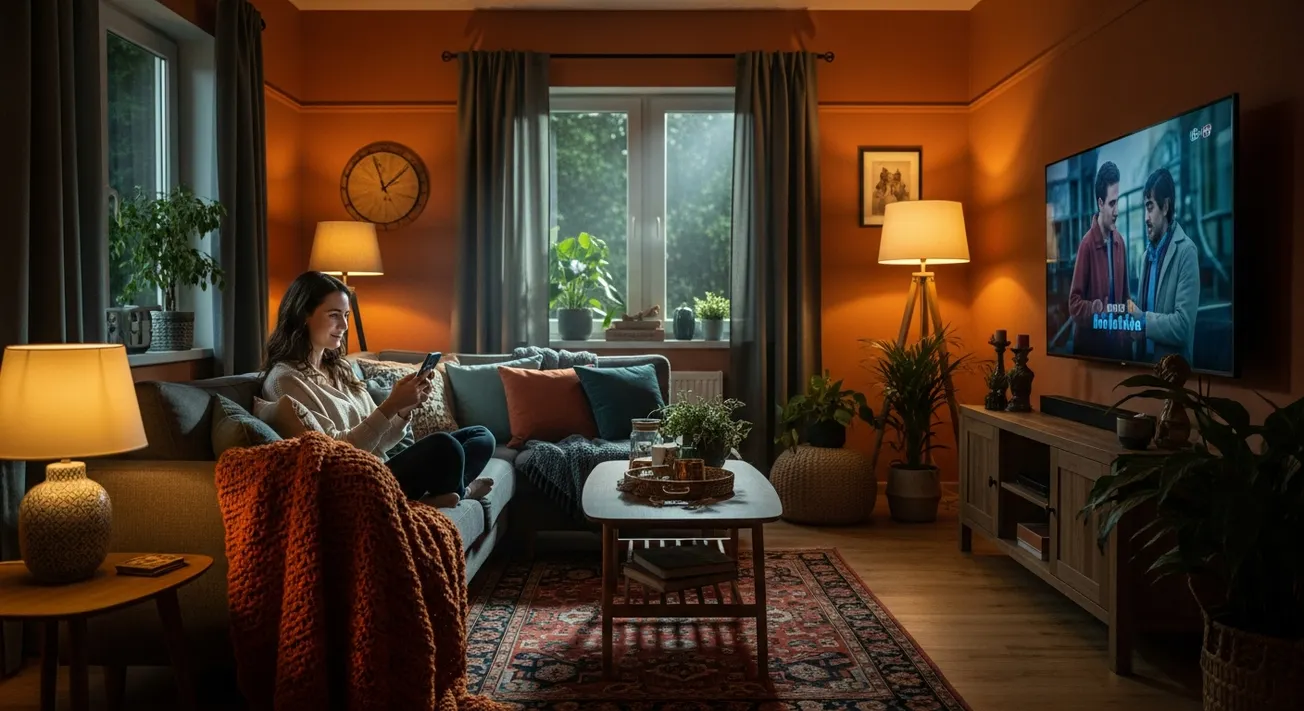 Jonge vrouw kijkt tv en scrolt tegelijk op haar telefoon op de bank