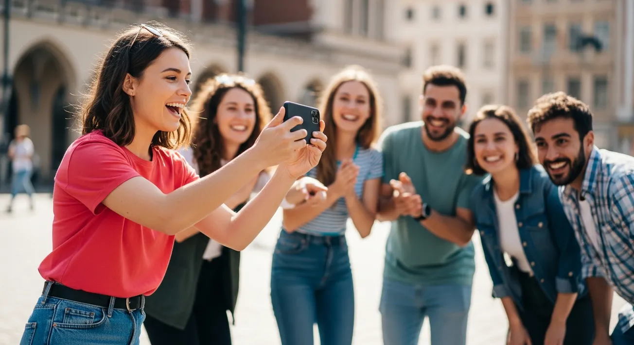 Jonge vrouw filmt een video op haar telefoon in een zonnig stadsplein, vrienden kijken mee