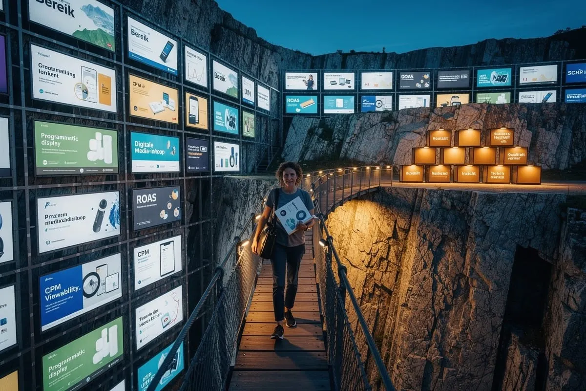 Vrouw met laptop op houten hangbrug tussen rotswanden, omringd door verlichte schermen met datapresentaties en oranje verlichte dozen