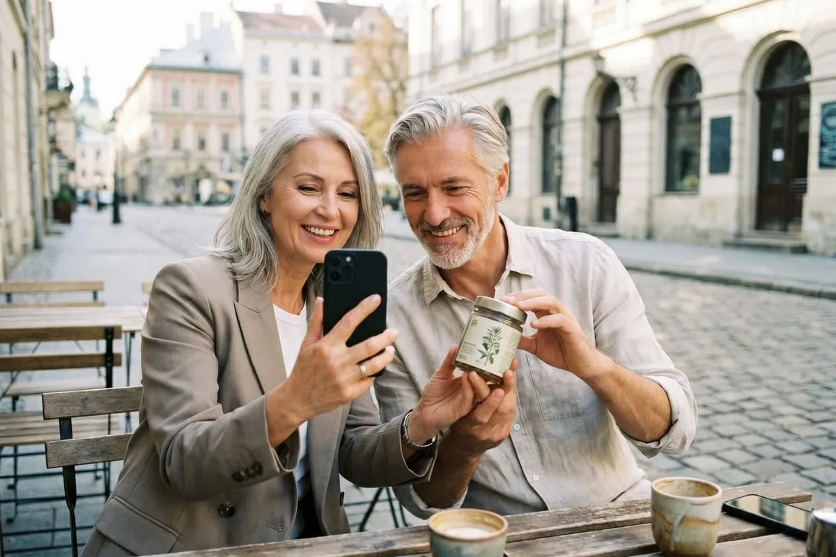 Oudere man en vrouw maken selfie met smartphone op terras, hij toont glazen potje naar camera