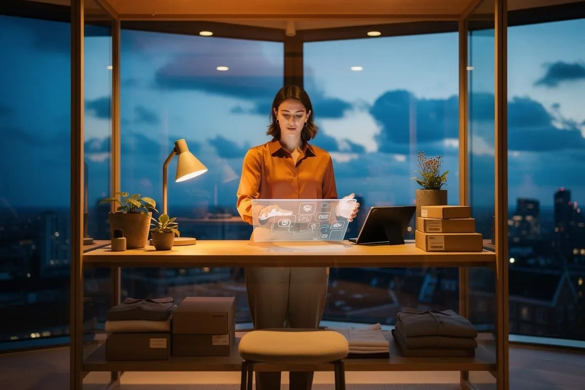 Vrouw in oranje blouse werkt 's avonds aan staand bureau met laptop, holografische interface en pakketdozen