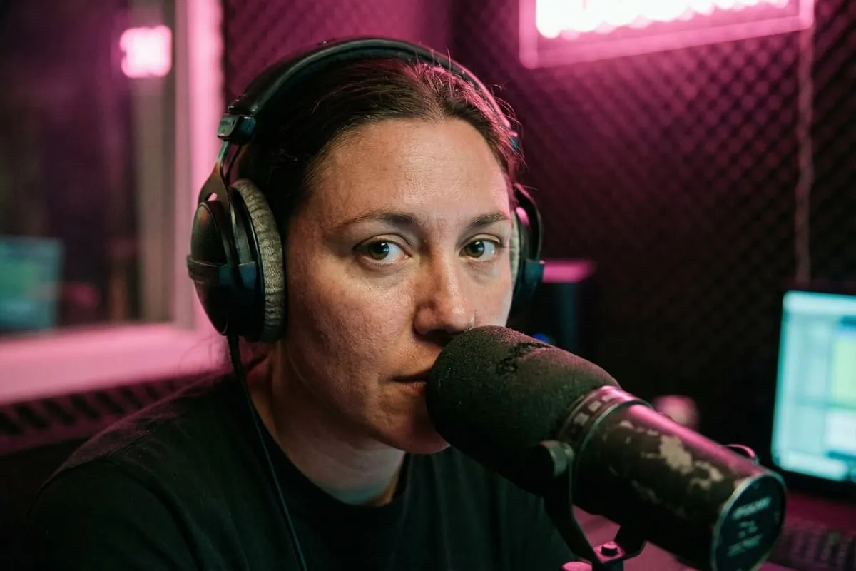 Vrouw met koptelefoon en microfoon in roze verlichte podcaststudio, kijkt direct in camera