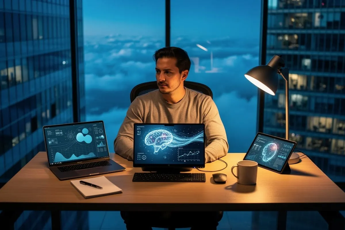 Man aan bureau met drie schermen met AI-hersenen visualisaties, in kantoor bij avond met stadslichten