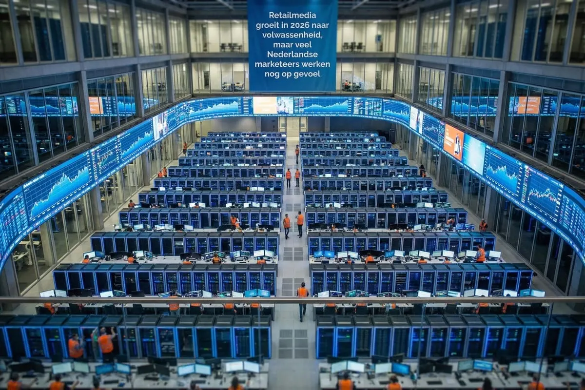 Overzicht van moderne handelsvloer met rijen werkplekken, blauwe schermen en medewerkers in oranje vesten