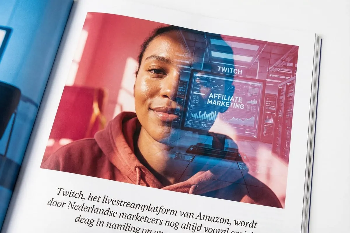 Persoon in bordeauxrode hoodie kijkt naar camera, holografische interface met 'Twitch' en 'Affiliate Marketing' dashboards geprojecteerd