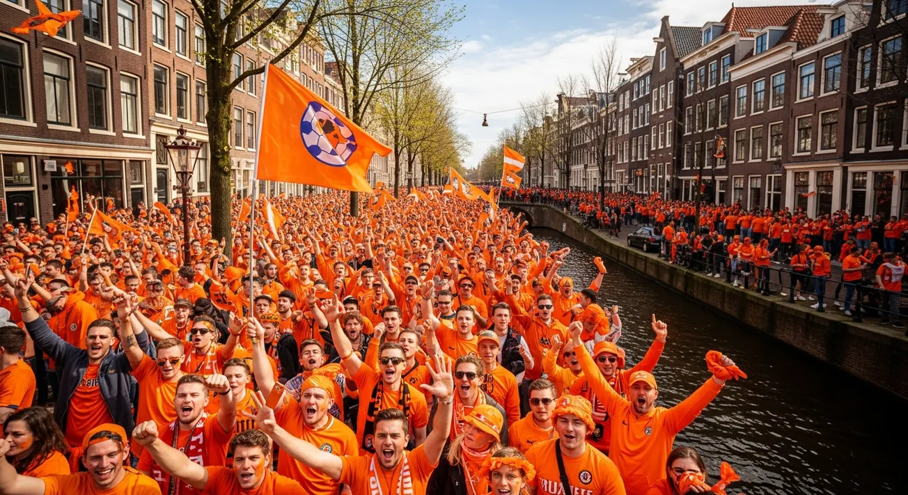 Straat vol juichende Nederlandse fans in oranje tijdens WK-feest