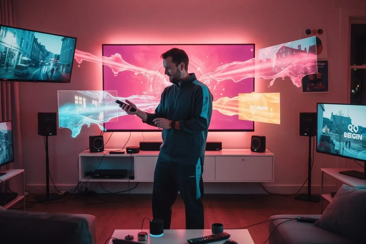 Man met tablet in woonkamer met meerdere schermen, roze verlichting en audiosysteem met speakers