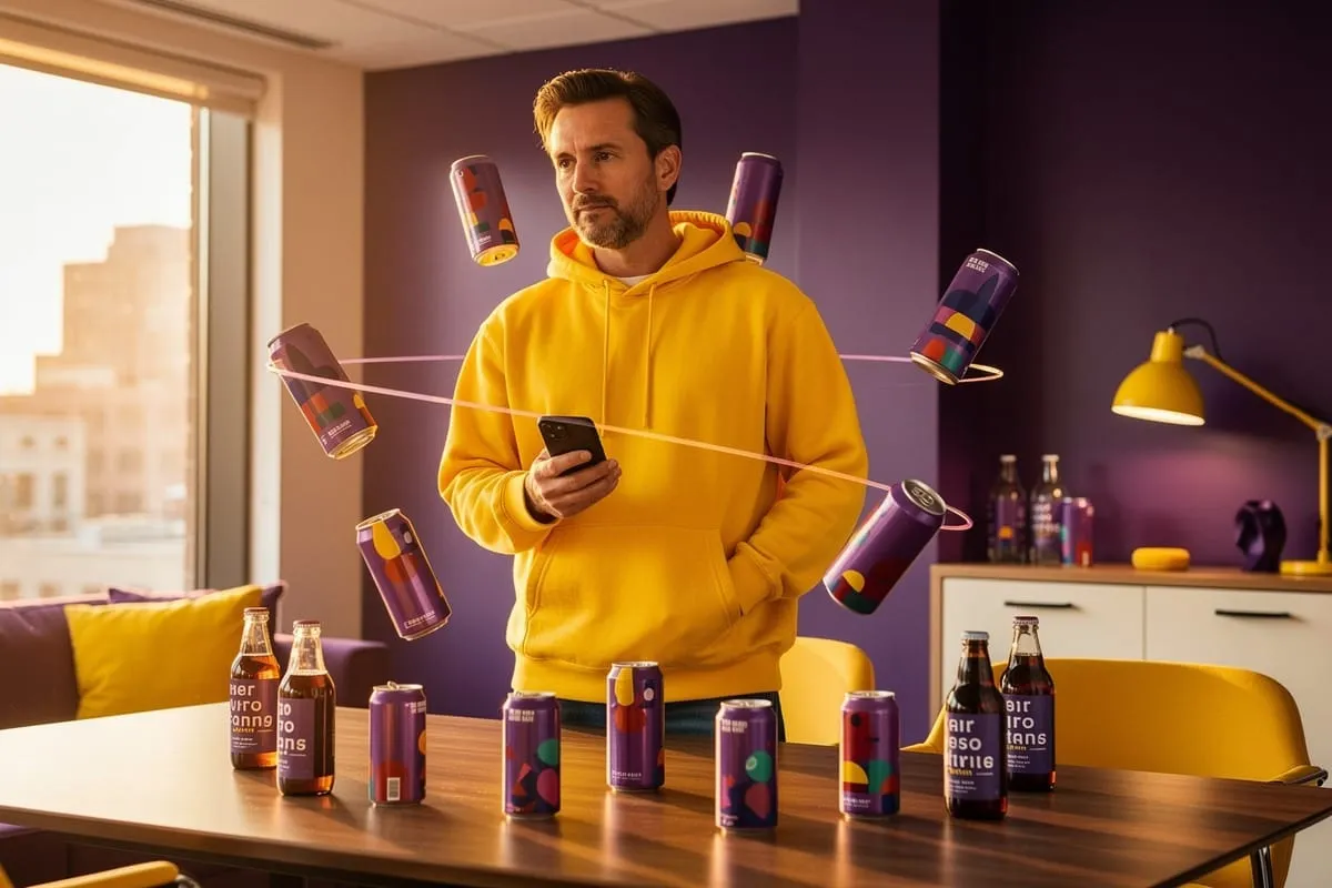 Man in gele hoodie met smartphone, omringd door zwevende blikjes en flessen dranken in modern interieur