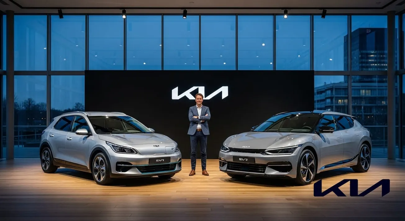 Man met tablet in moderne showroom met auto op achtergrond, grote ramen, warme verlichting, avondschemering