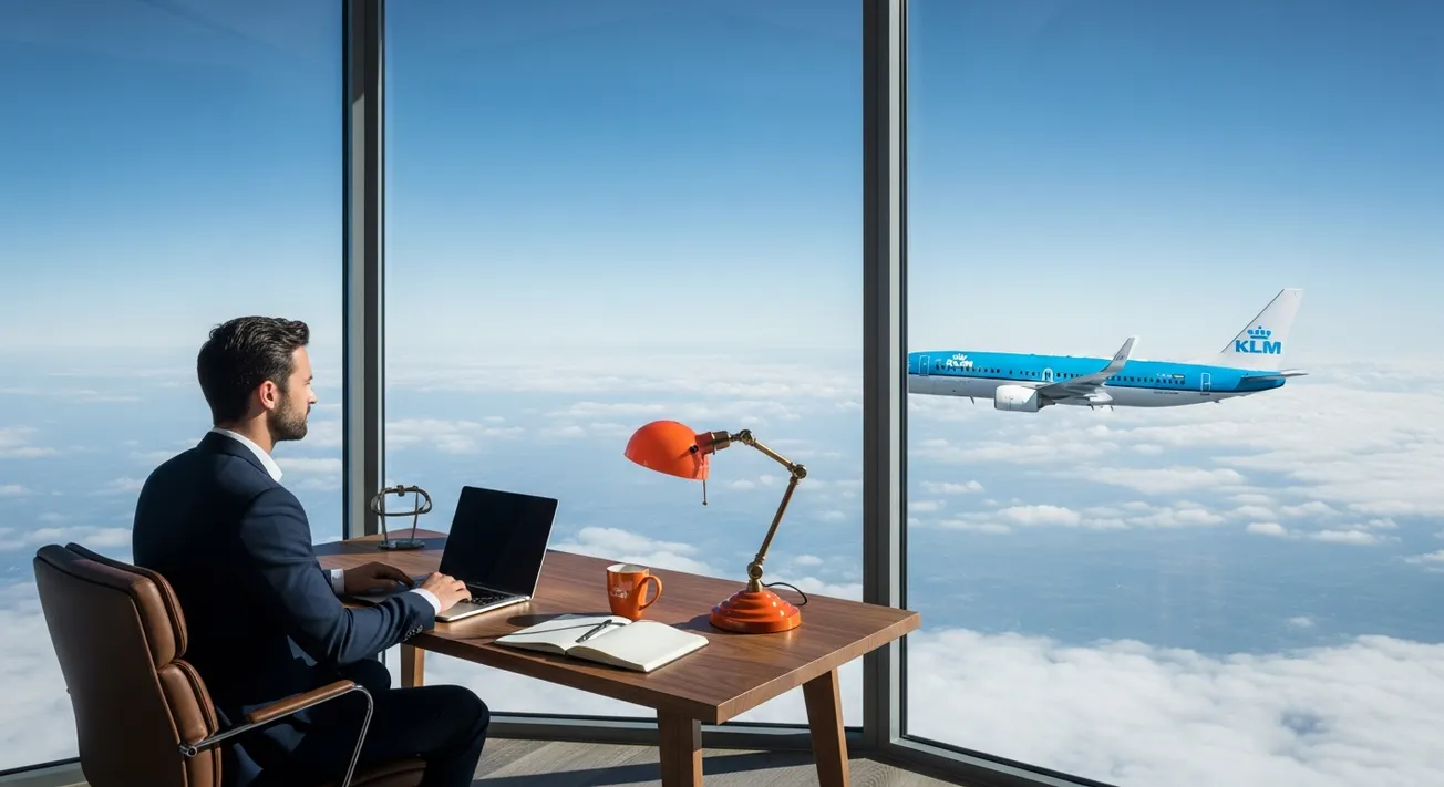 Man in pak werkt op laptop aan bureau in glazen kantoor hoog boven de wolken bij avond
