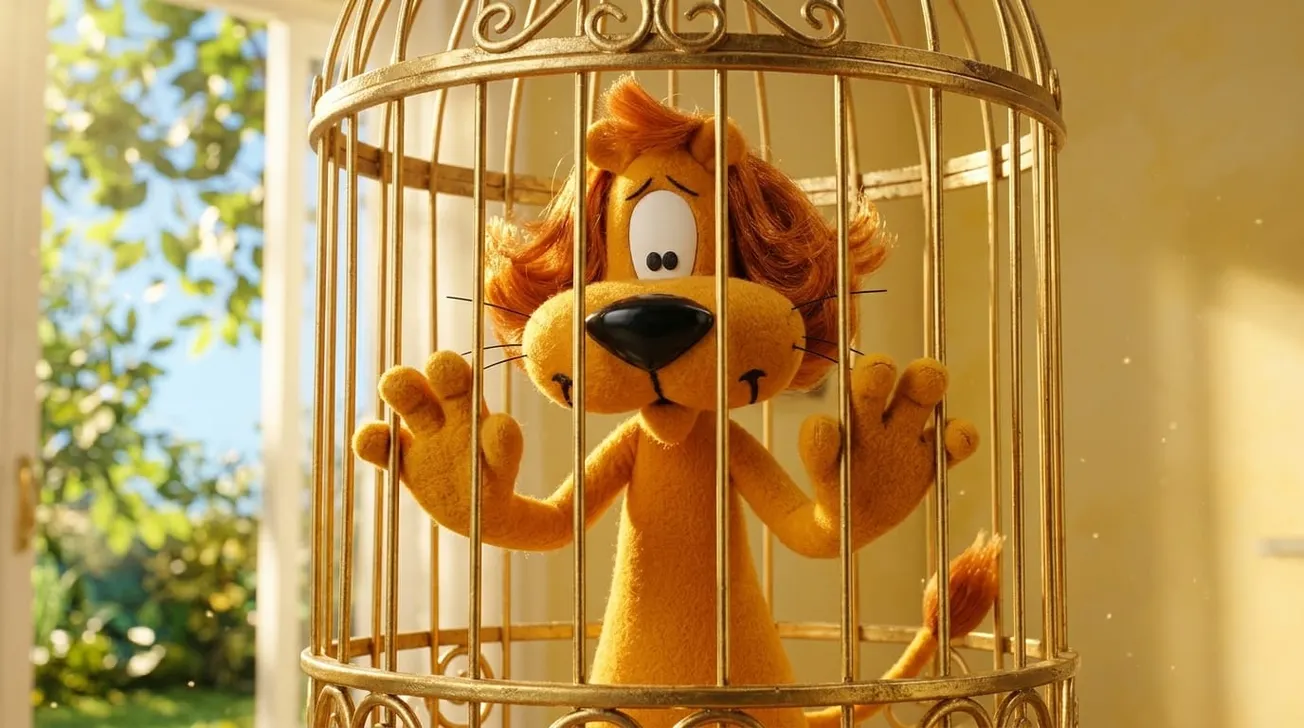 Een brullende leeuw in een metalen kooi in een gouden grasveld onder open hemel