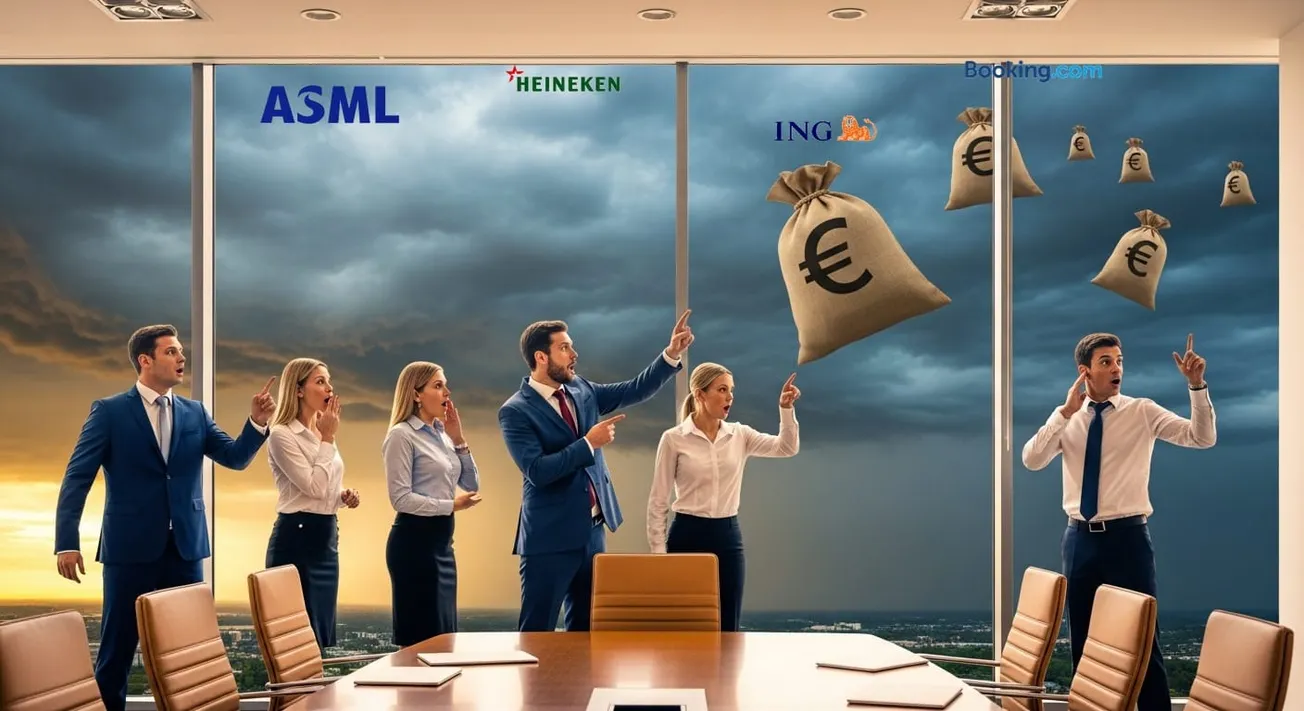 Man in beige pak werkt op laptop aan bureau in goudkleurig kantoor, zwevend buiten glazen kantoorgebouw