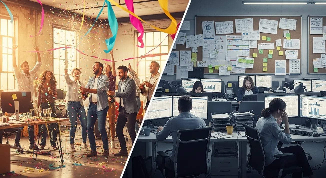 Professionals werken aan laptops in modern kantoor met glazen wanden en uitzicht op verlichte wolkenkrabbers bij schemering