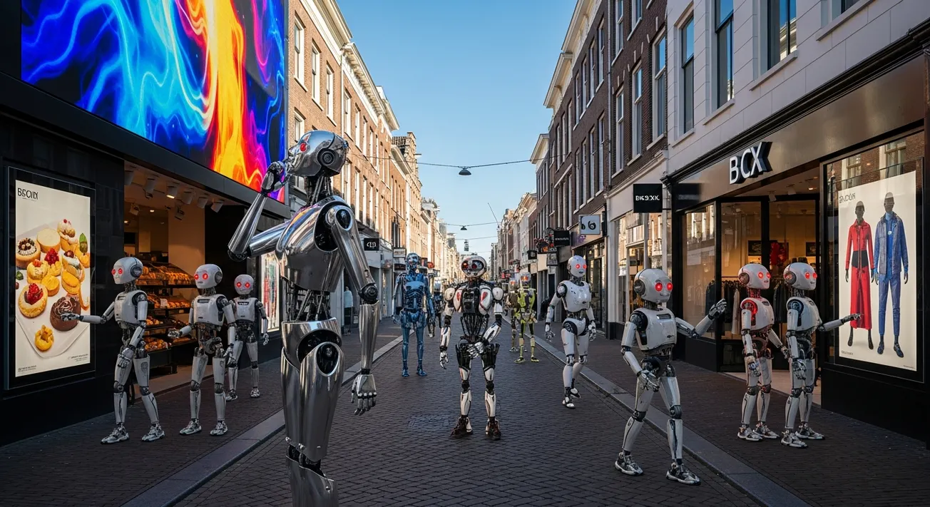 Persoon aan bureau met meerdere monitoren vol grafieken en data, omringd door virtuele schermen tegen stadsgezicht