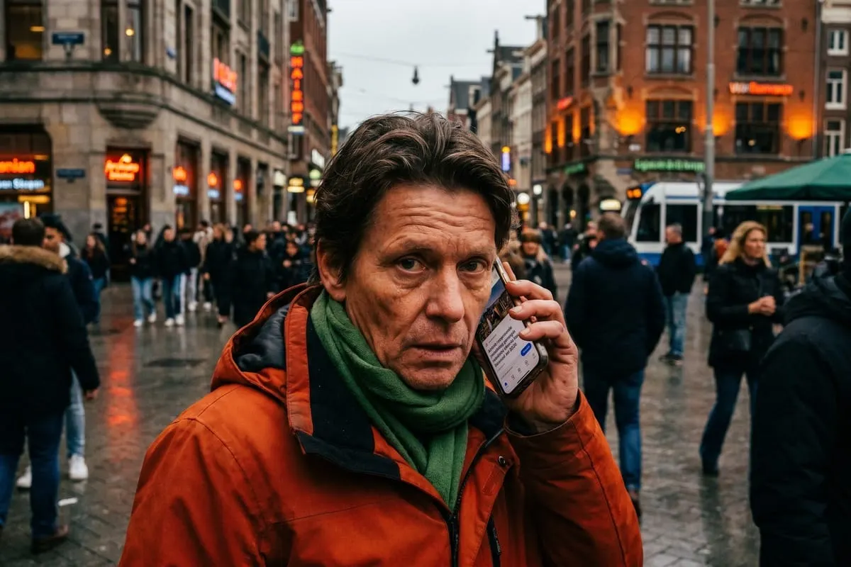 Man in oranje jas met groene sjaal belt in drukke Europese winkelstraat bij schemering