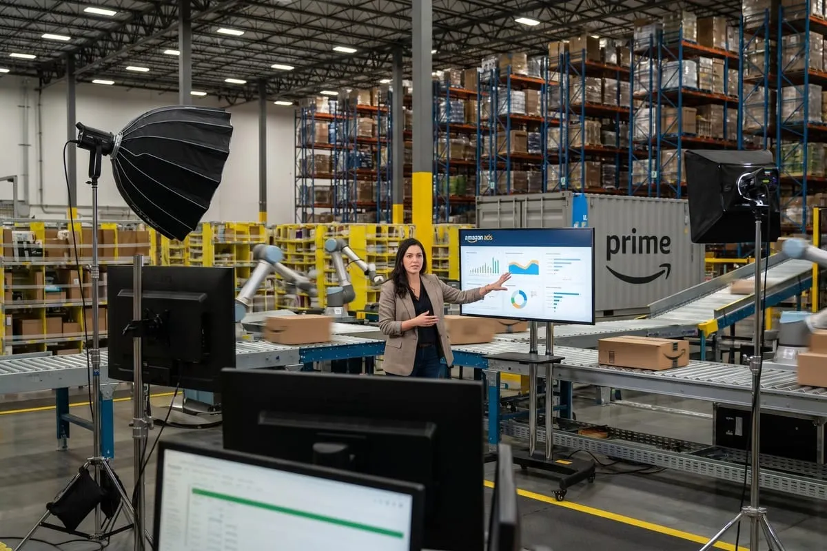 Vrouw presenteert data-analyse op scherm in Amazon-distributiecentrum met transportbanden en verlichtingsapparatuur voor opname