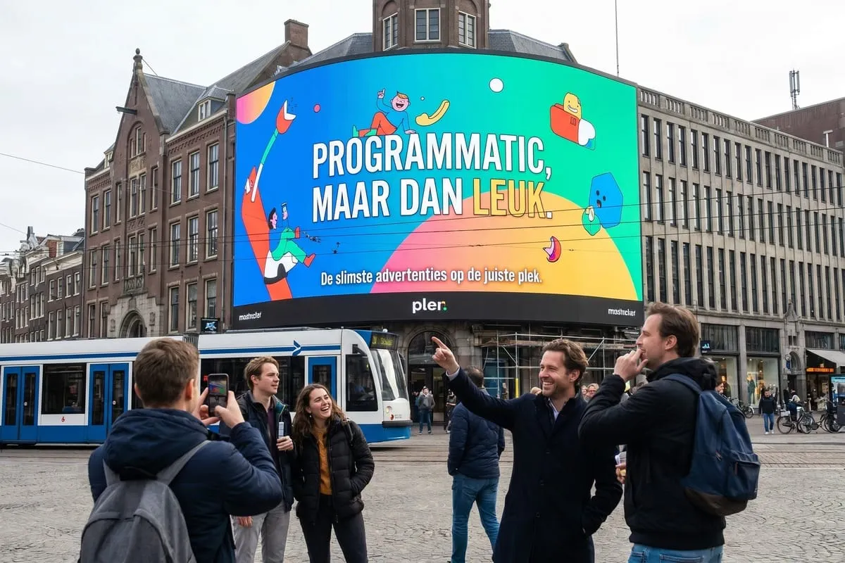 Groep mensen bekijkt groot digitaal reclamescherm met kleurrijke advertentie boven tramhalte in Nederlandse stad
