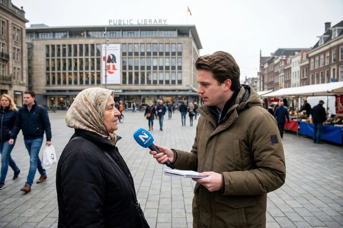 Journalist interviewt vrouw met hoofddoek op stadsplein, publieke bibliotheek op achtergrond, microfoon met logo