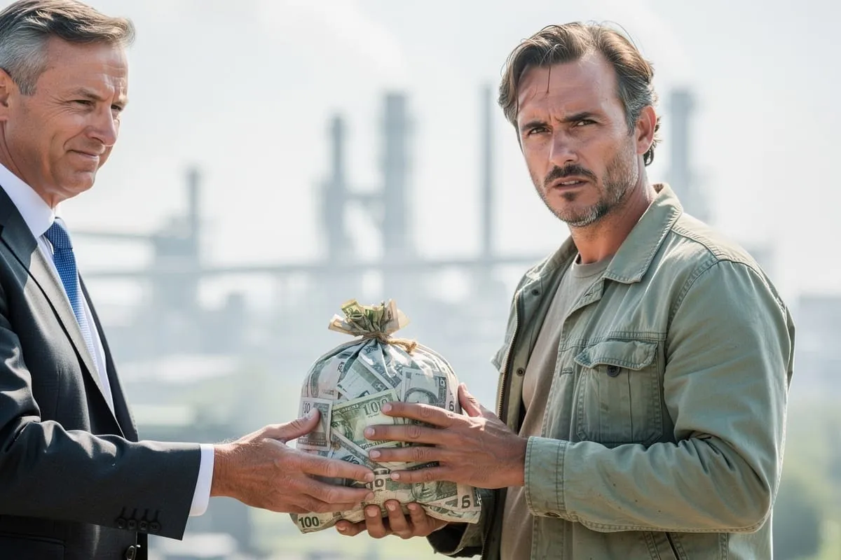 Man in pak overhandigt plastic zak vol bankbiljetten aan man in groen jasje bij industriële haven