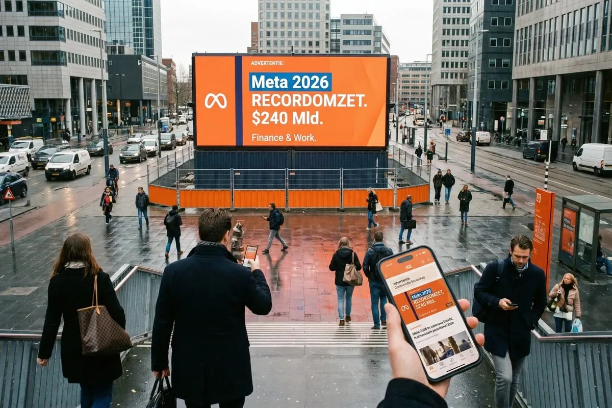 Groot oranje reclamebord toont Meta's recordomzet, mensen lopen over nat stadsplein, mobiele telefoon op voorgrond
