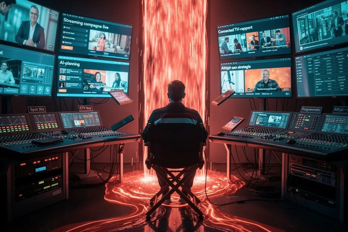 Persoon in controlekamer met meerdere schermen, mixpanelen en oranje/rode vloerverlichting. Video's van campagnes en strategiesessies zichtbaar.