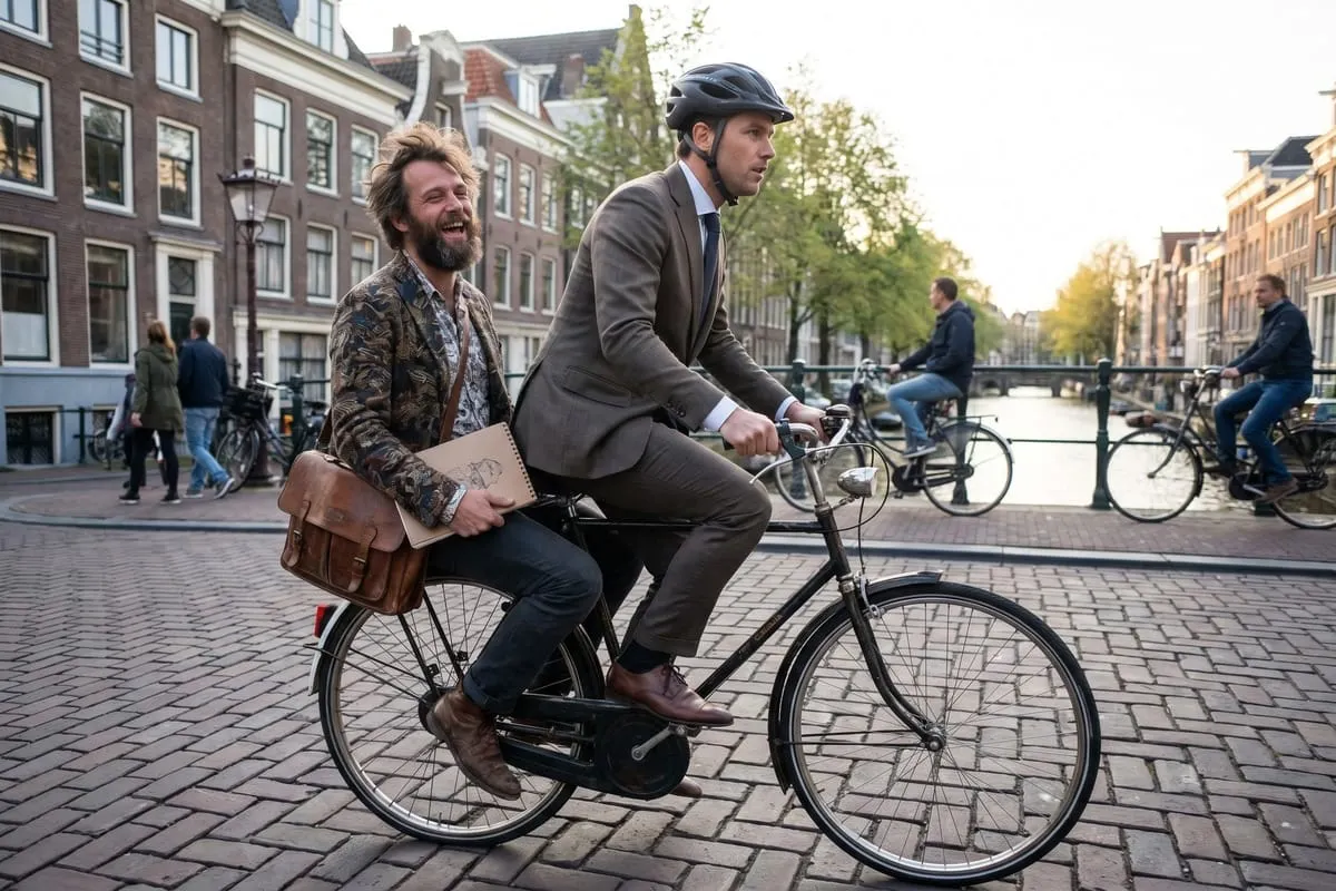 Twee mannen fietsen samen op één fiets door Amsterdam; één in pak met helm, de ander casual lachend achterop.