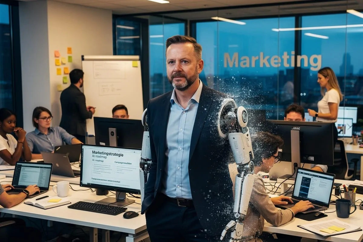Man in pak staat in modern kantoor met digitale AI-robot naast zich, team werkt op achtergrond