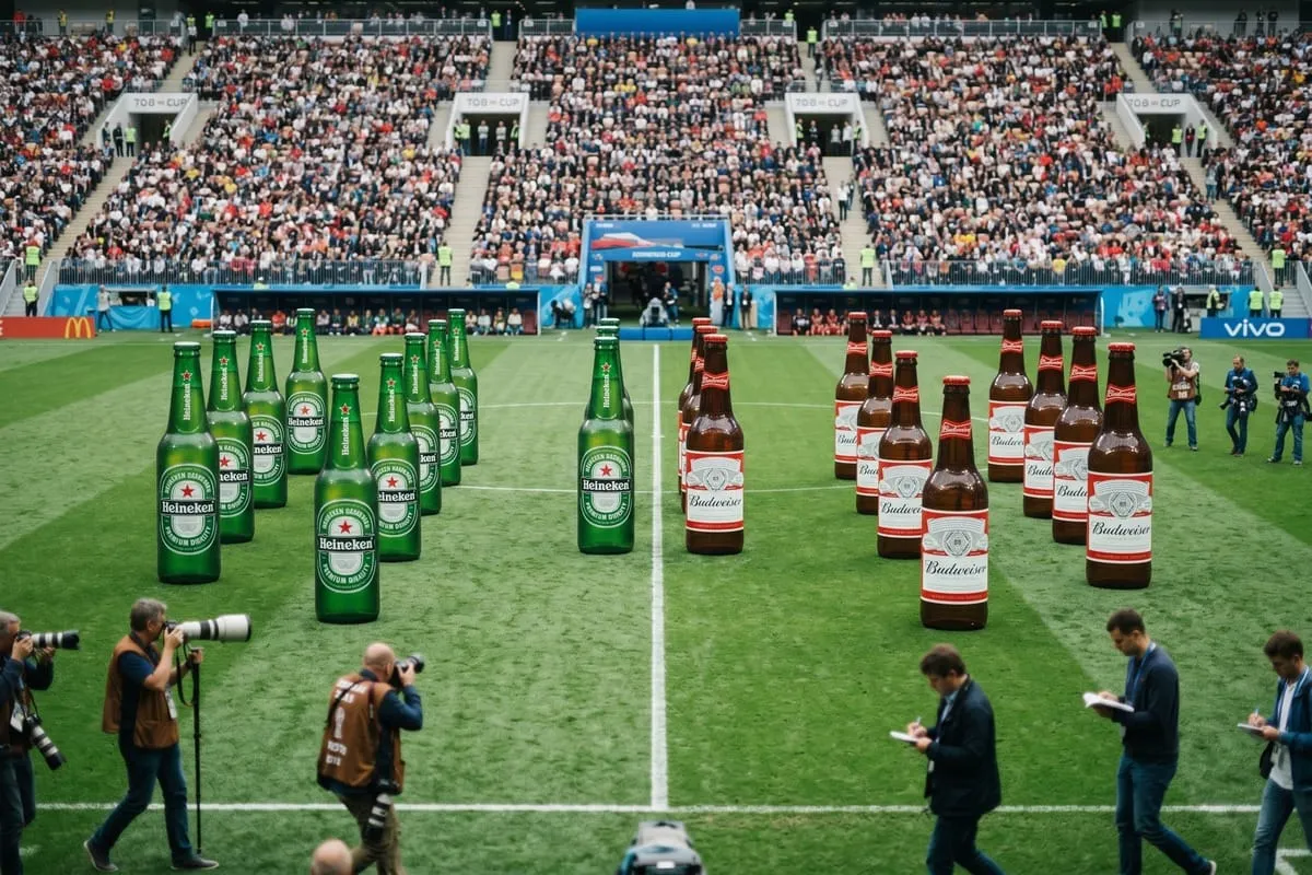 Grote Heineken en Budweiser bierflesssen opgesteld op voetbalveld in stadion, fotografen maken foto's